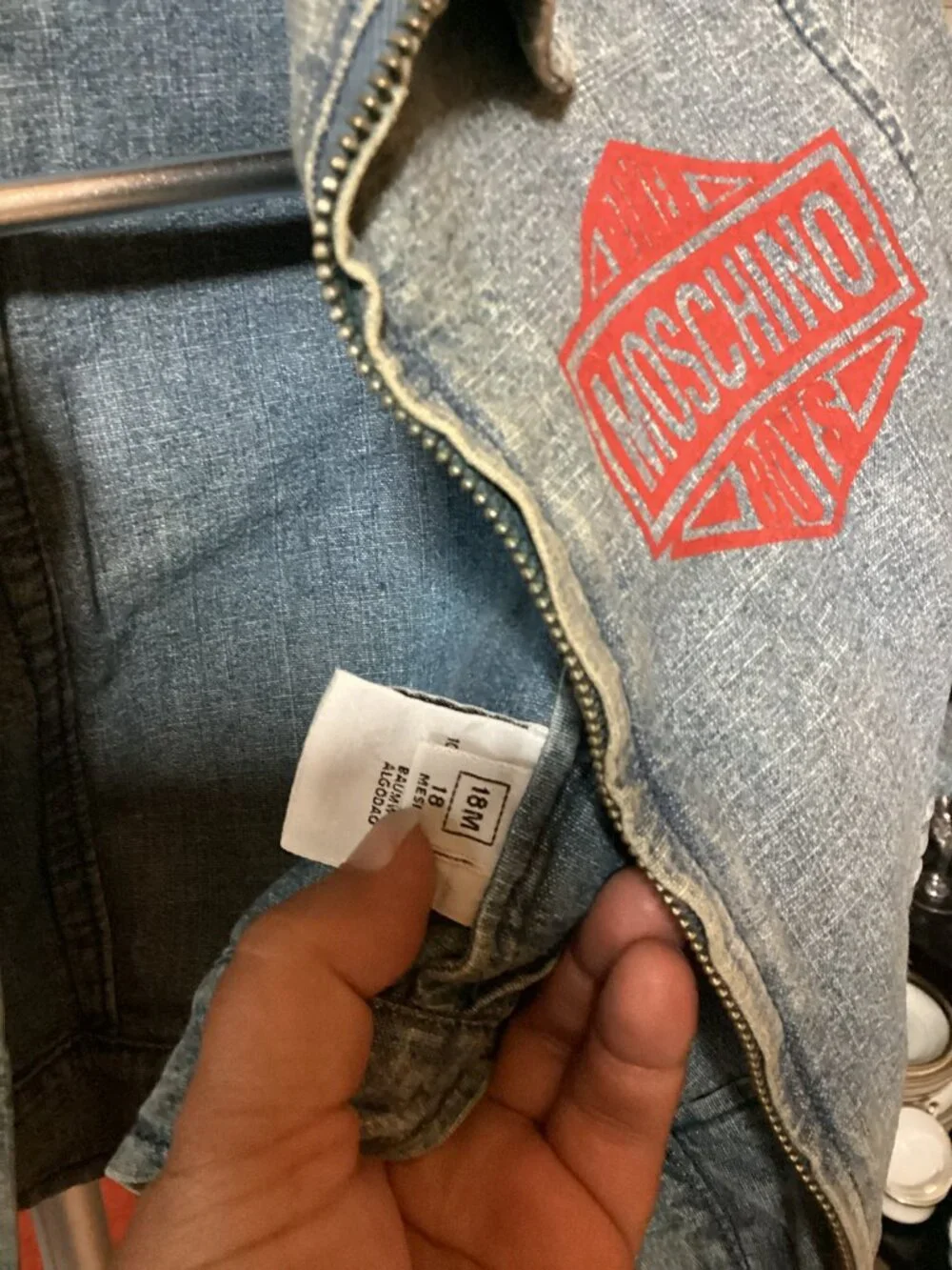 Vintage Moschino Bambino Kids Denim Jacket 18 Months Light Wash Red Logo